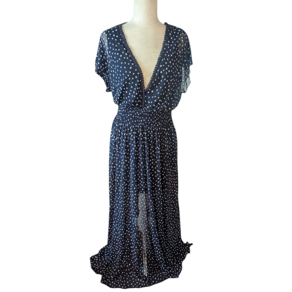 Kate And Lily Blue Polka Dots Maxi Long Sundress Flutter Sleeves V Neck Dress 14 - Picture 1 of 9